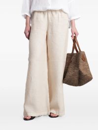 120% lino palazzo broek met zijsplit en elastische taille - beige